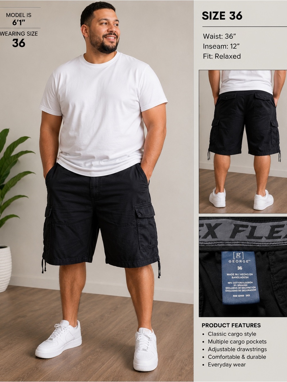 George Men’s Black Cargo Shorts – Size 36